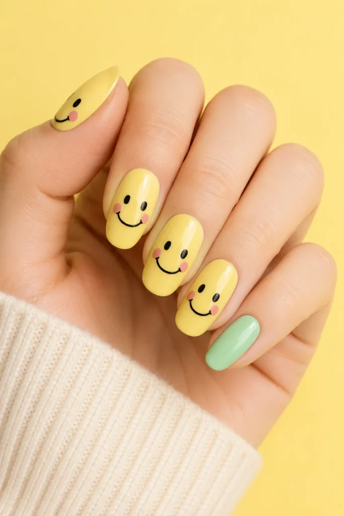 Cheerful smiley face nail art on bright pastel yellow nails