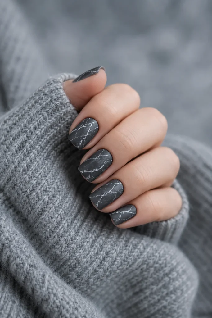 Smoky grey marble nails with silver veins