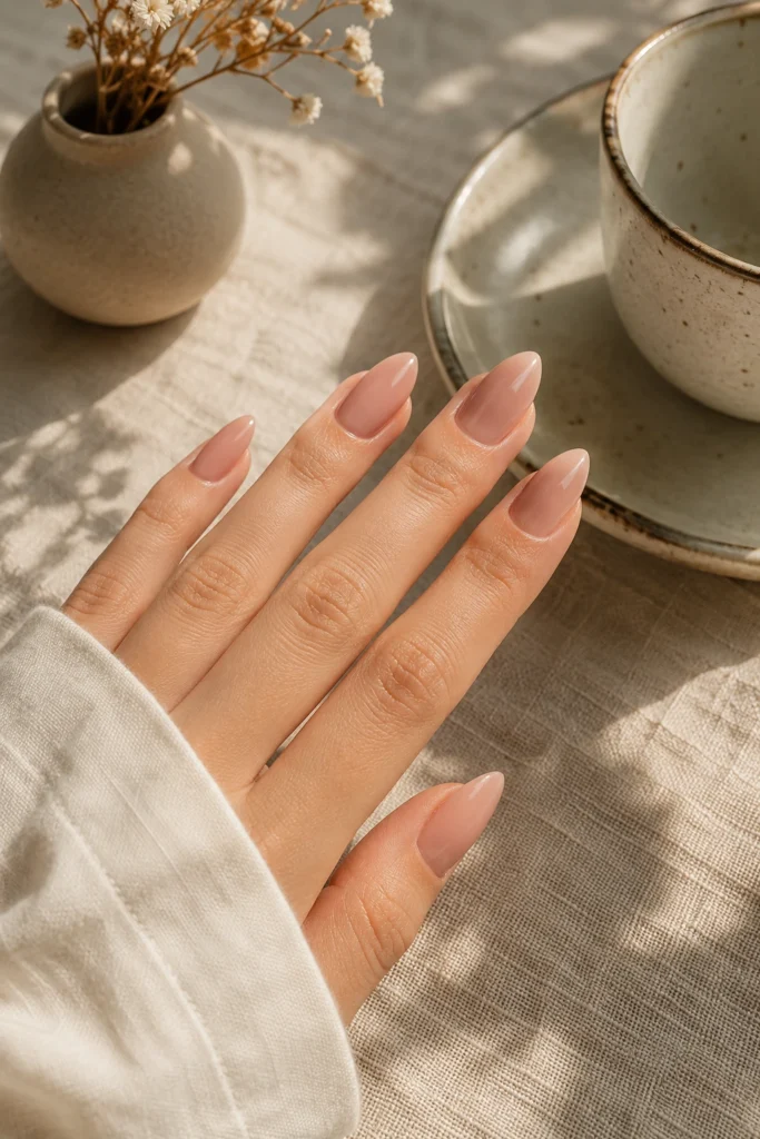 Soft almond-style pointy nails with nude blush polish for a chic everyday manicure