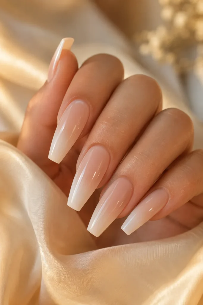 Soft French ombre ballerina nails with nude and white blend