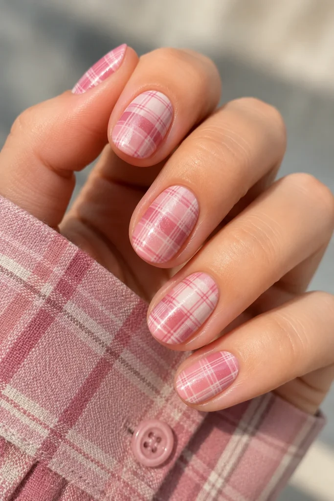 Soft girl pink plaid nails in baby pink and dusty rose