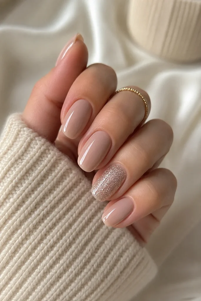 Glitter accent nail with neutral polish