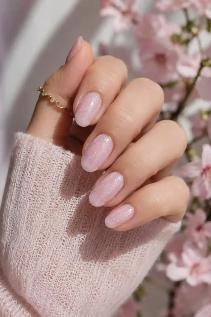 Fine iridescent glitter shimmer layered over pastel spring nails