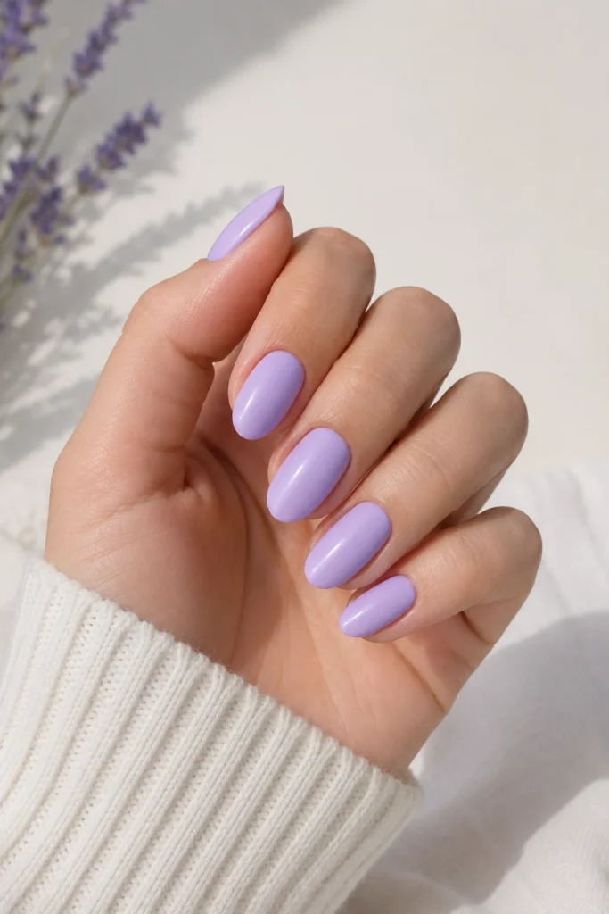Gentle soft lavender polish on feminine simple nails