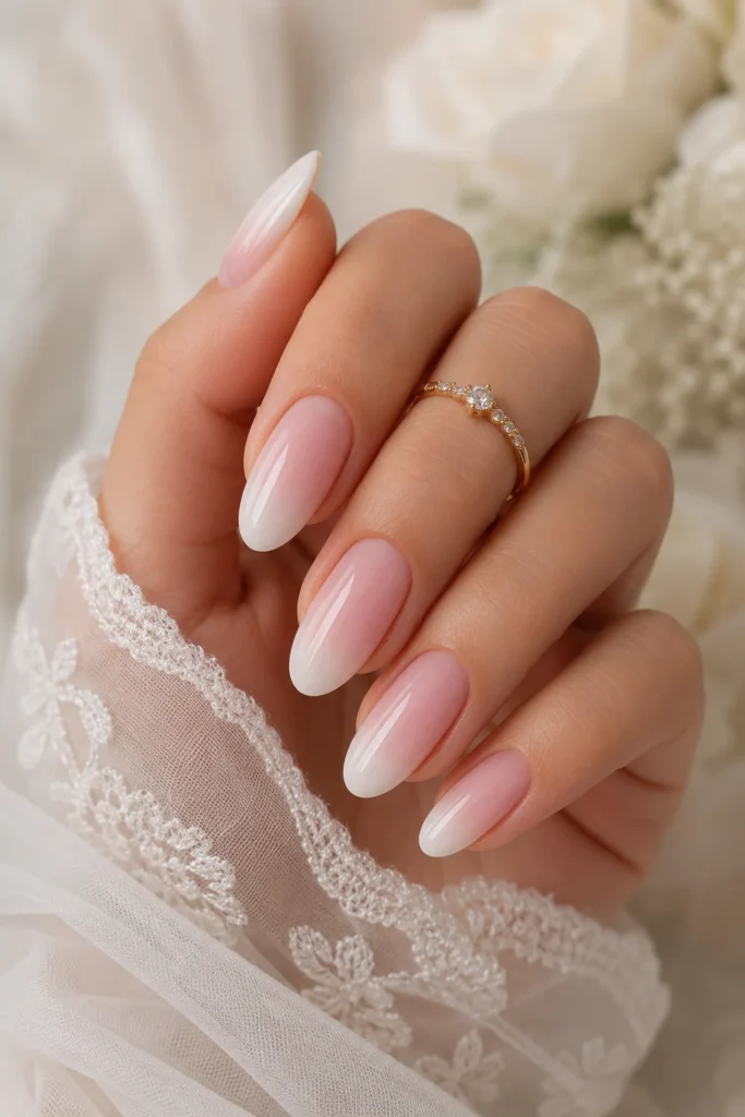 Milky white blush pink ombre bridal nails
