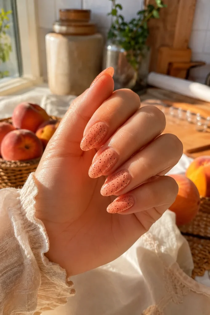 Soft peach nails with tiny brown freckled dots