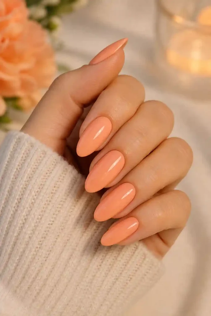 Warm soft peach nails with subtle glowing spring energy