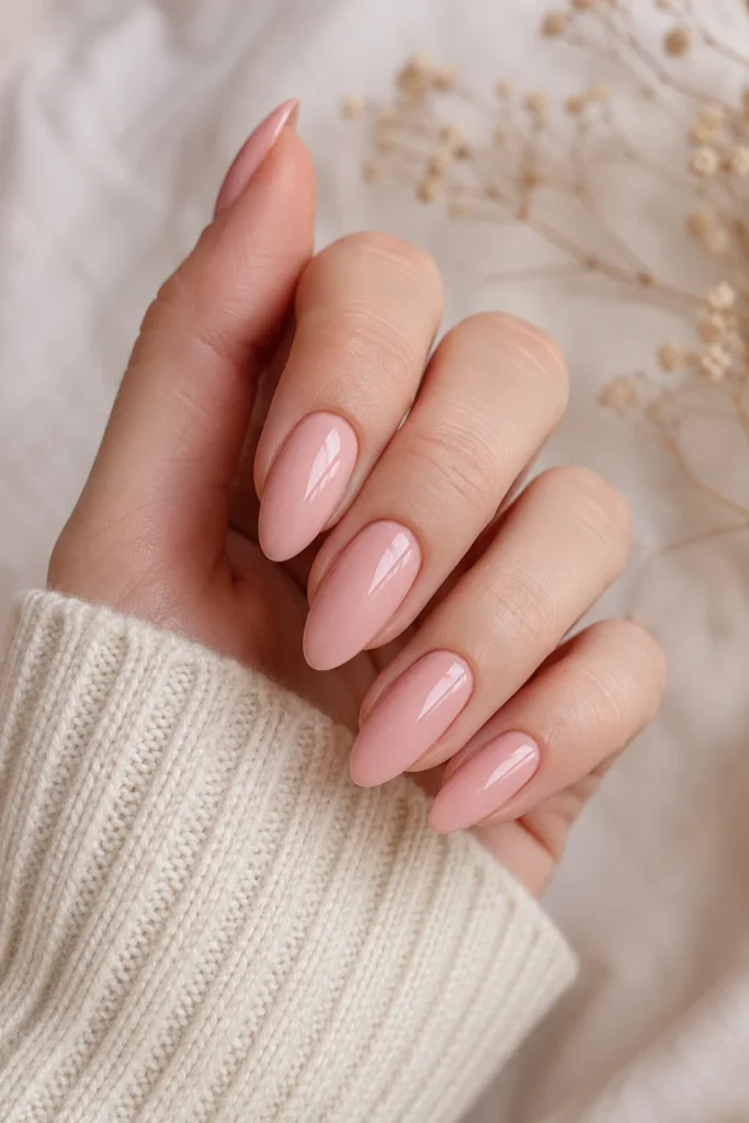 Soft blush pink polish on almond shaped nails
