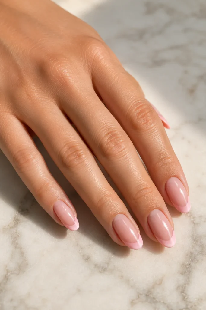 Soft pink classic French tip nails on almond-shaped nails