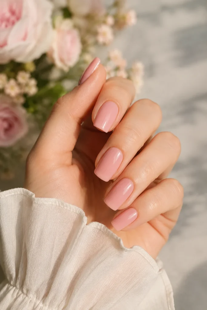 Glossy soft pink bridal shower nail manicure