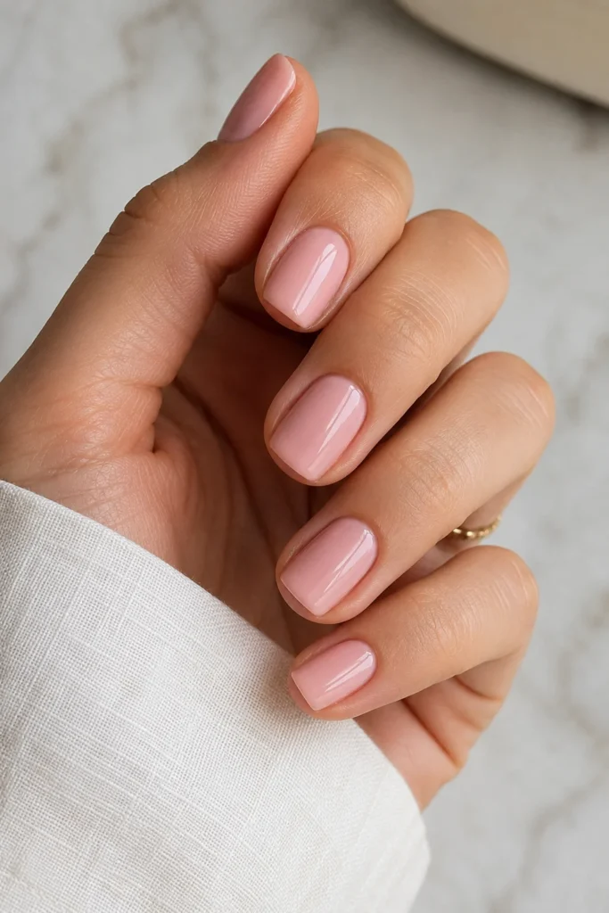 Blush pink polish on short nails