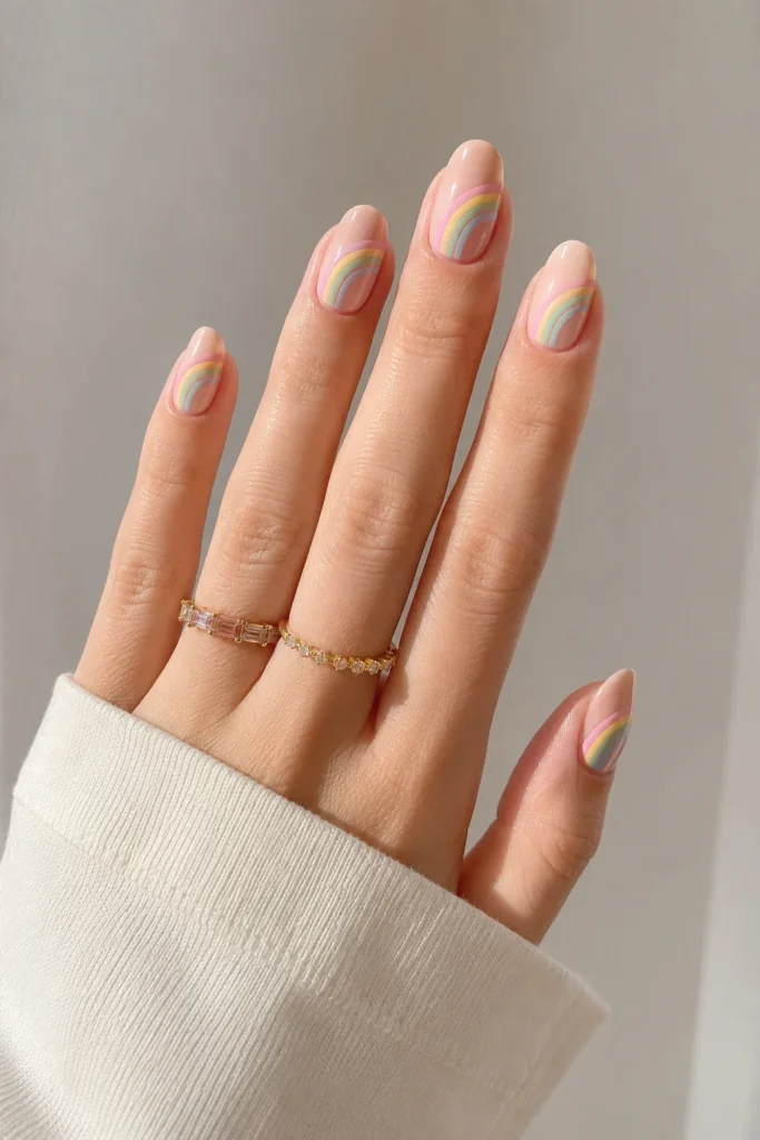 Soft rainbow nails muted pastel baby shower manicure design