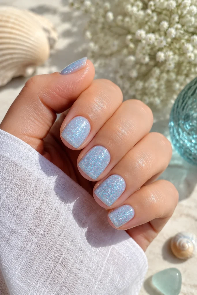Sparkling sea foam glitter over sheer blue nail polish