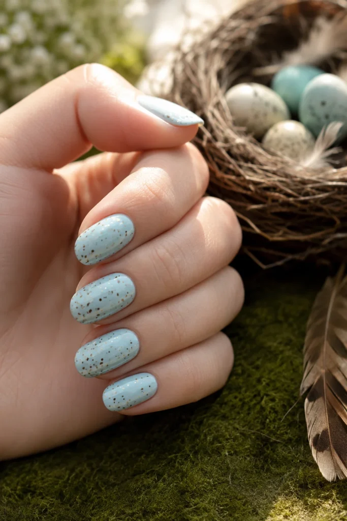 Pale blue nails with brown speckled dot design.