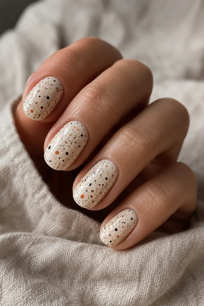 Cream nails with black and terracotta speckled splatter