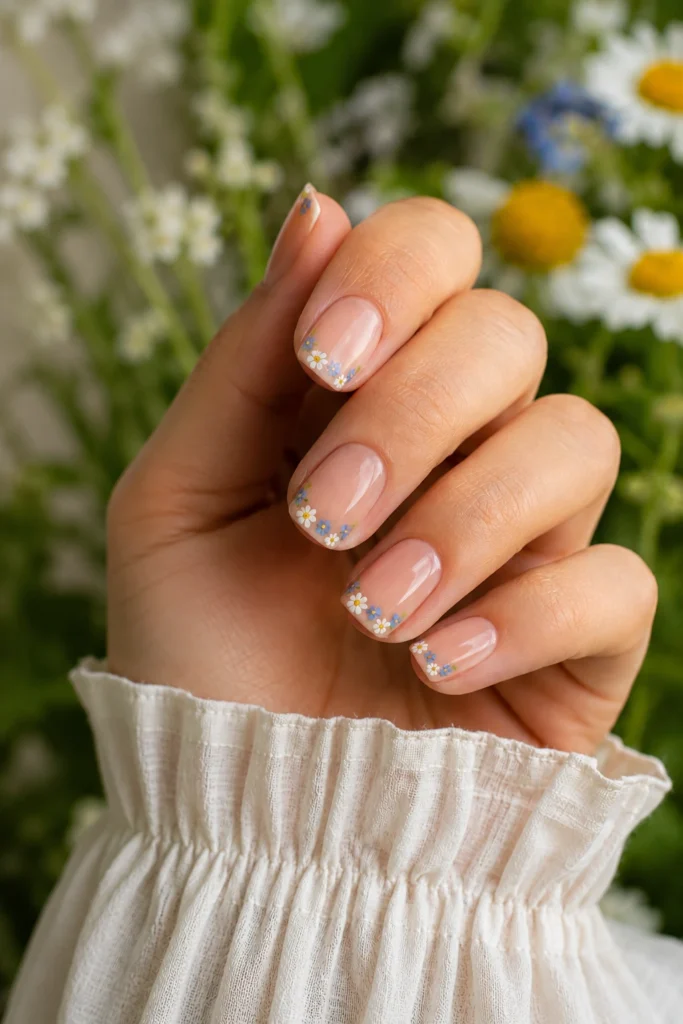 French tip nails decorated with tiny spring flowers