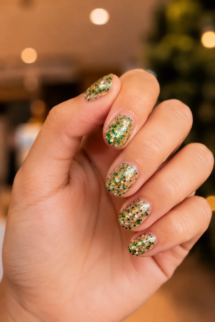 Green gold and white confetti glitter nails for St. Patrick's Day