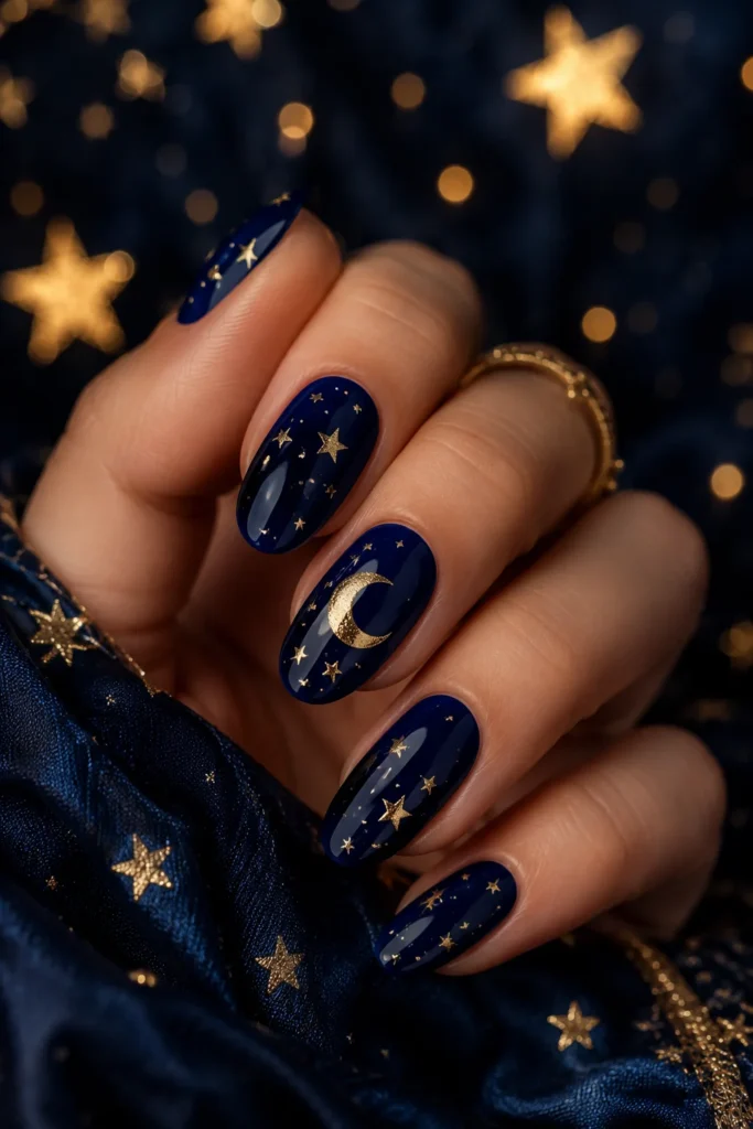 Celestial star and moon nail art on navy nails