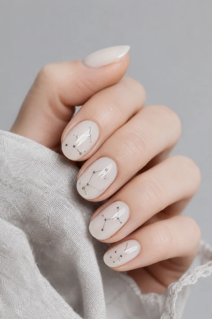 Constellation line art nail design with silver dots