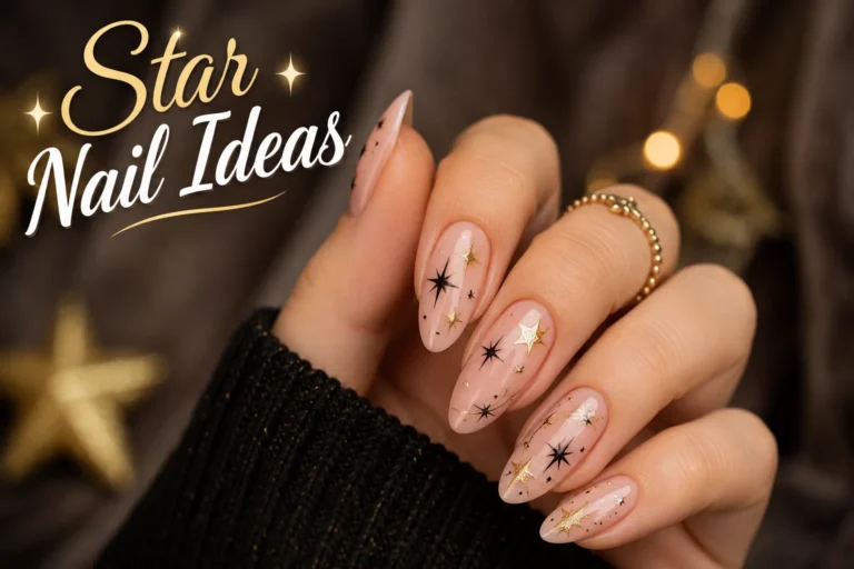 Elegant star nail ideas with chic nude manicure and gold accents