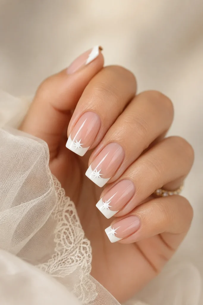 Classic French manicure with small white star accents