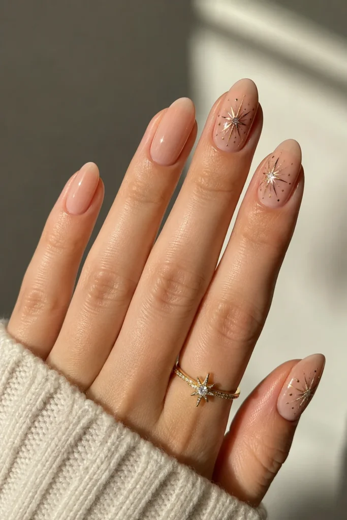 Nude nails featuring bold painted starburst firework accent art