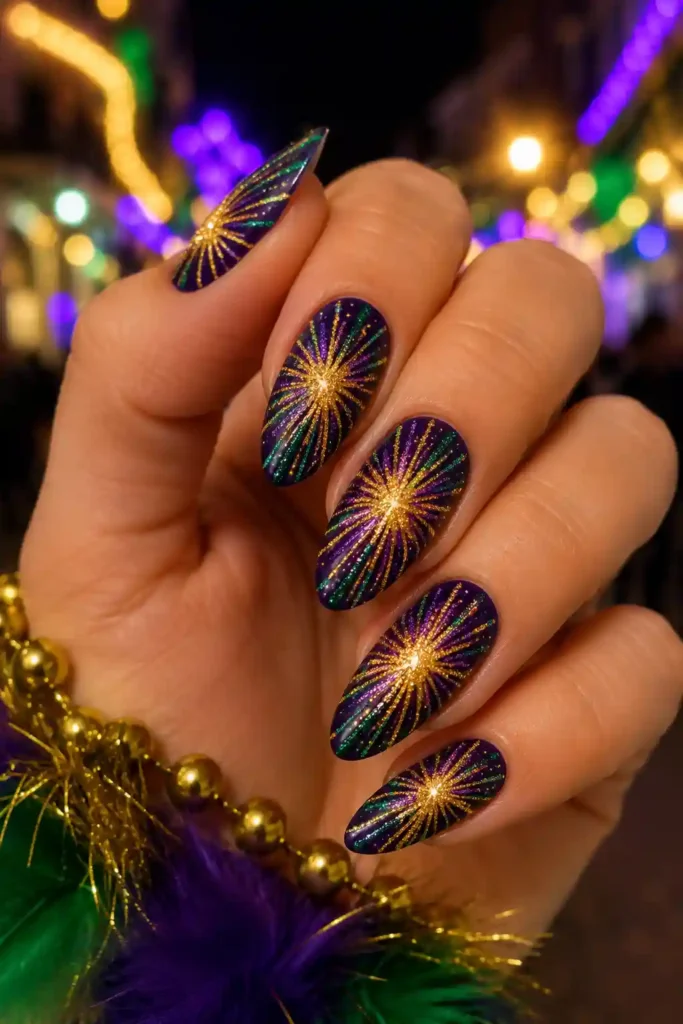 Starburst glitter nail art inspired by Mardi Gras parade lights