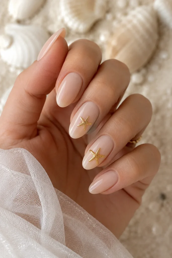 Nude nails with tiny gold starfish accent details