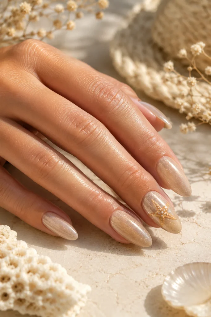 Starfish accent nail over sandy beige coastal base