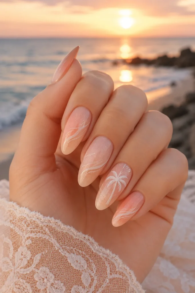 Peach blush champagne nails inspired by beach sunset