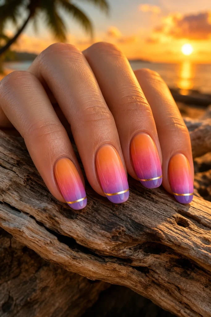 Sunset gradient brushwork nails with orange pink and purple