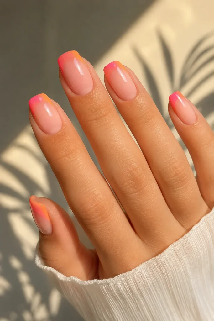 Orange coral pink sunset ombre french tips