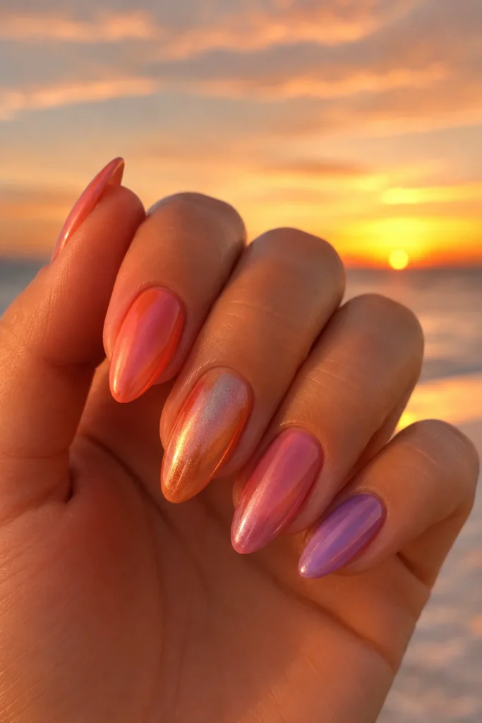 Sunset reflection nails blending coral purple and rose gold