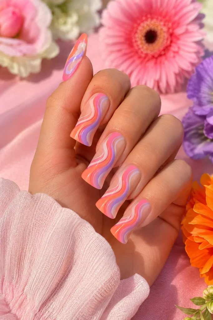 Colorful swirl duck nails with flowing abstract line art