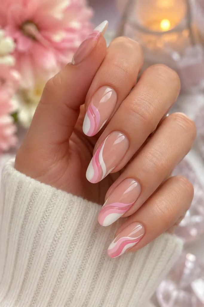 Flowing pink and white swirl French tips 