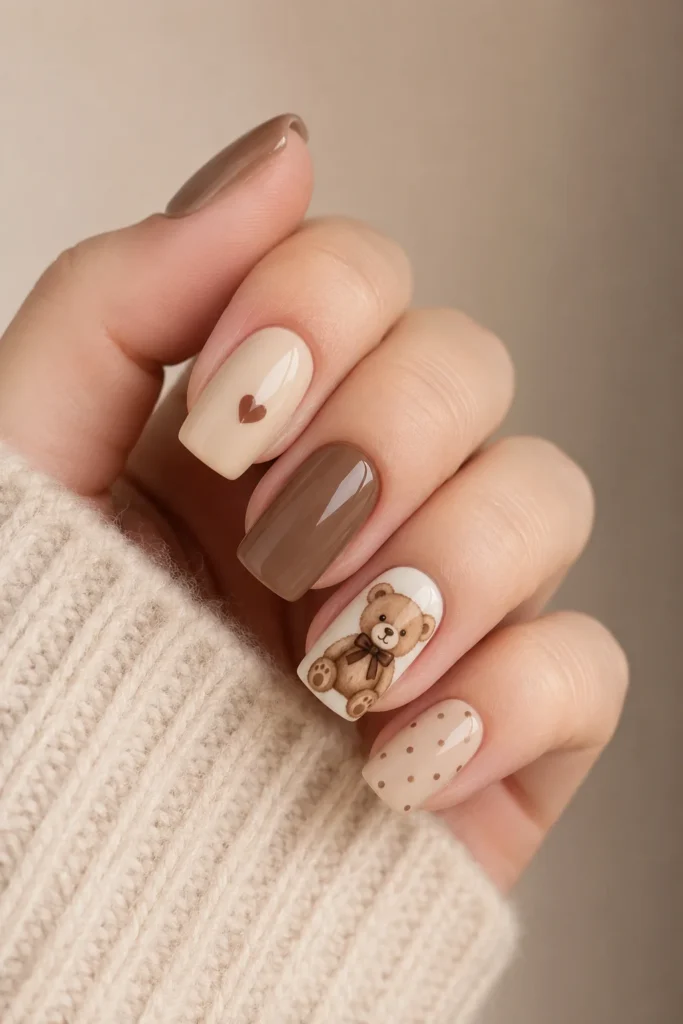 Teddy bear accent nails cute neutral baby shower manicure