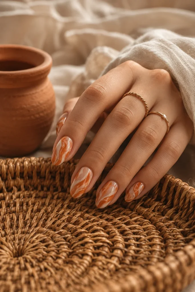 Terracotta and cream marble nail design
