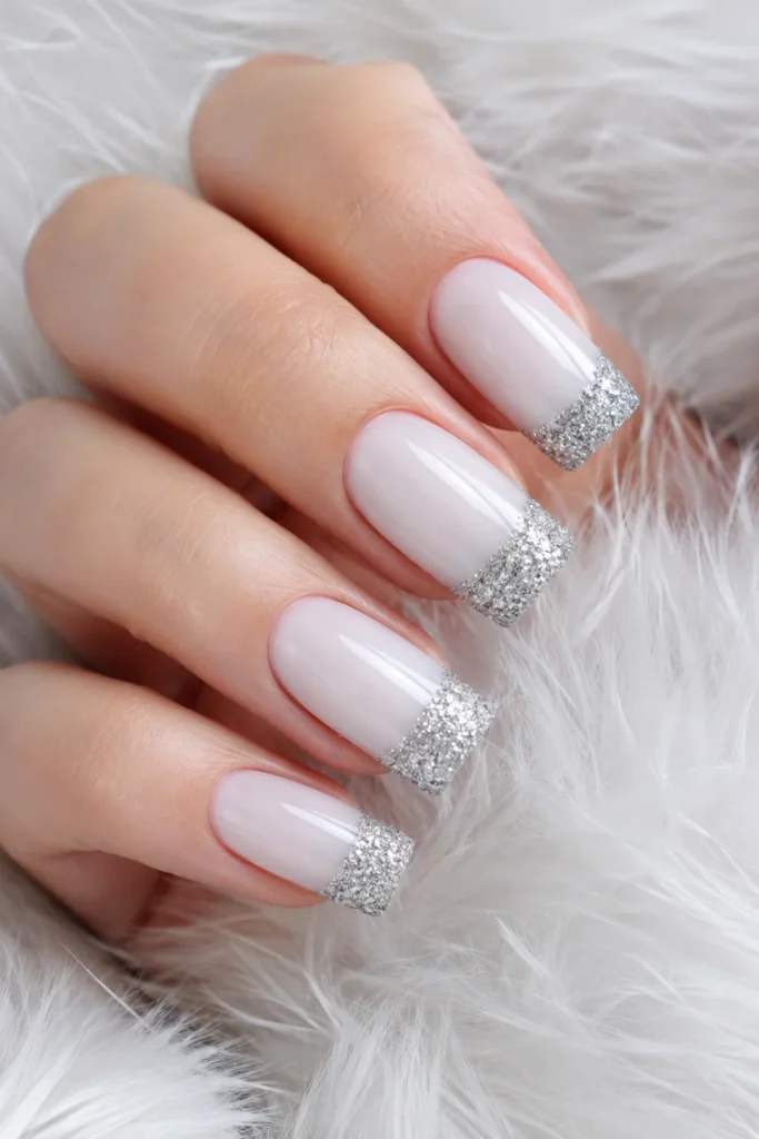 White square nails with textured silver glitter tips