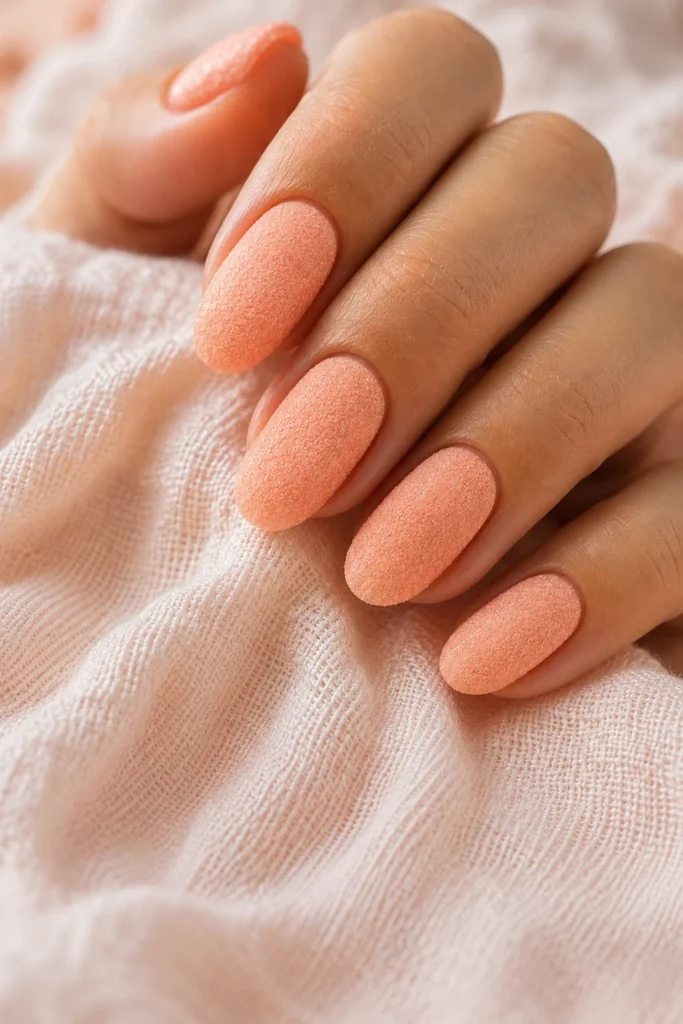 Matte peach nails with a fine sugar texture.
