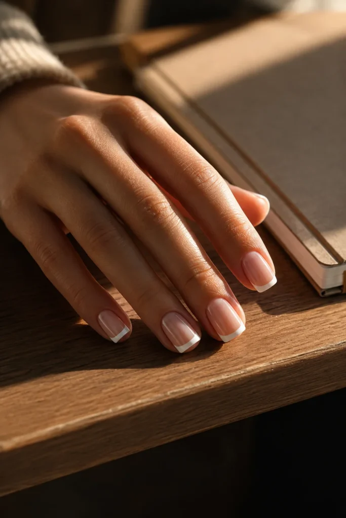 Thin French manicure with slim white tips on short square nails.