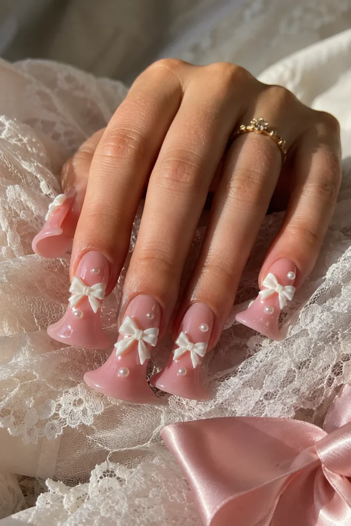 Duck nails featuring raised 3D bows and pearl accents