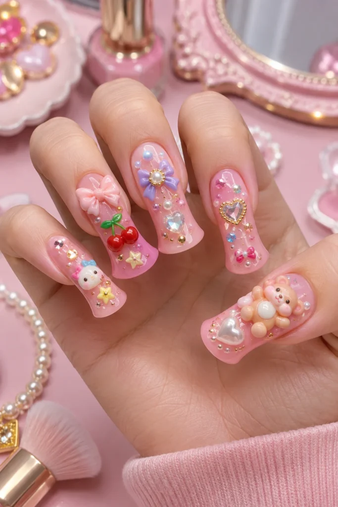 Duck nails decorated with 3D charms, bows, pearls, and hearts