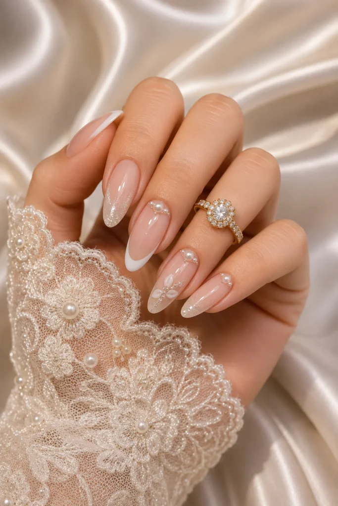 Nude French tip pearl shimmer bridal wedding nails