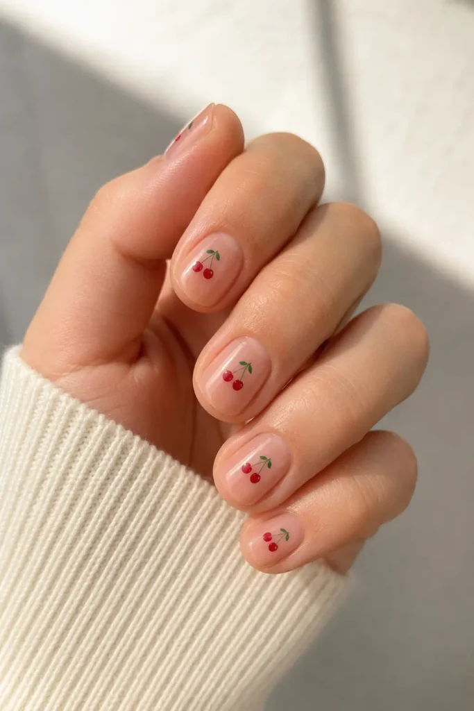 tiny cherry nail art short nails