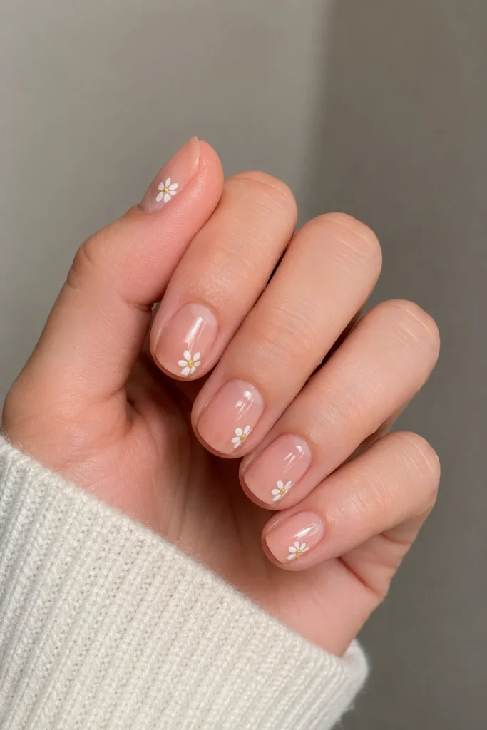 Small white daisy nail art on nude nails