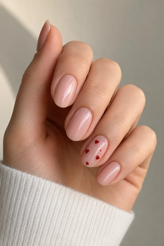 Tiny heart accent art on nude minimal nails