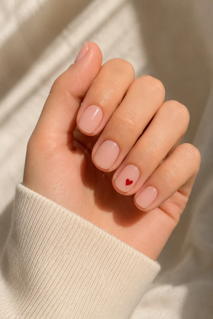 Nude short nails with a tiny heart accent on the ring finger.