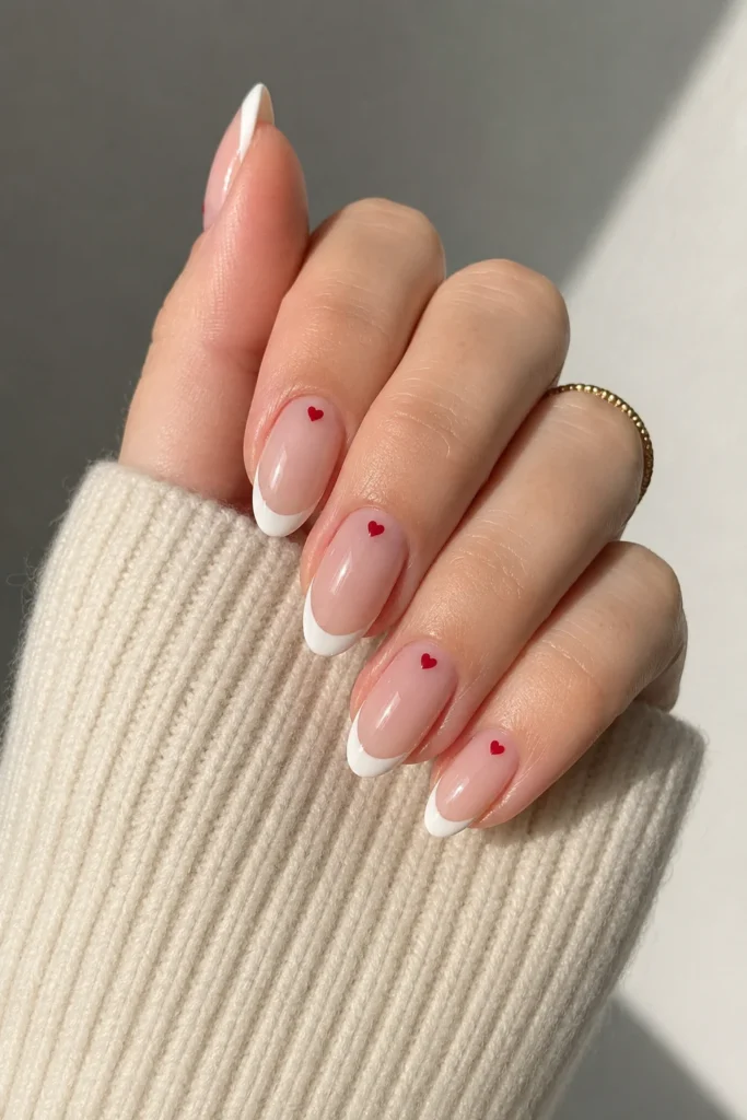 Delicate heart accents on classic French manicure nails