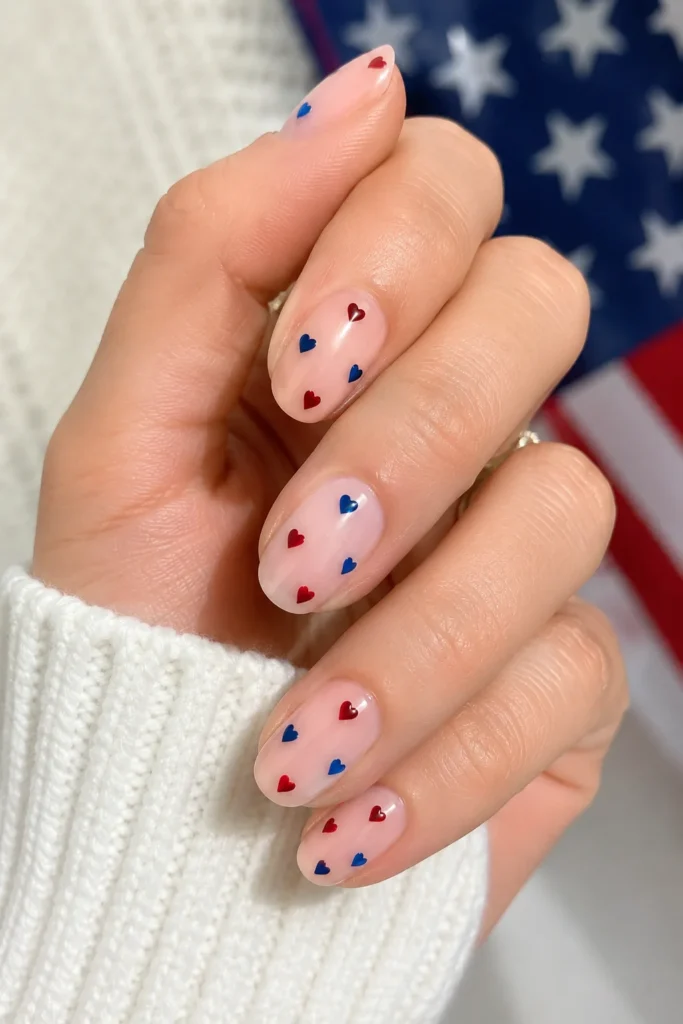 Small red and blue hearts on sheer nude nails