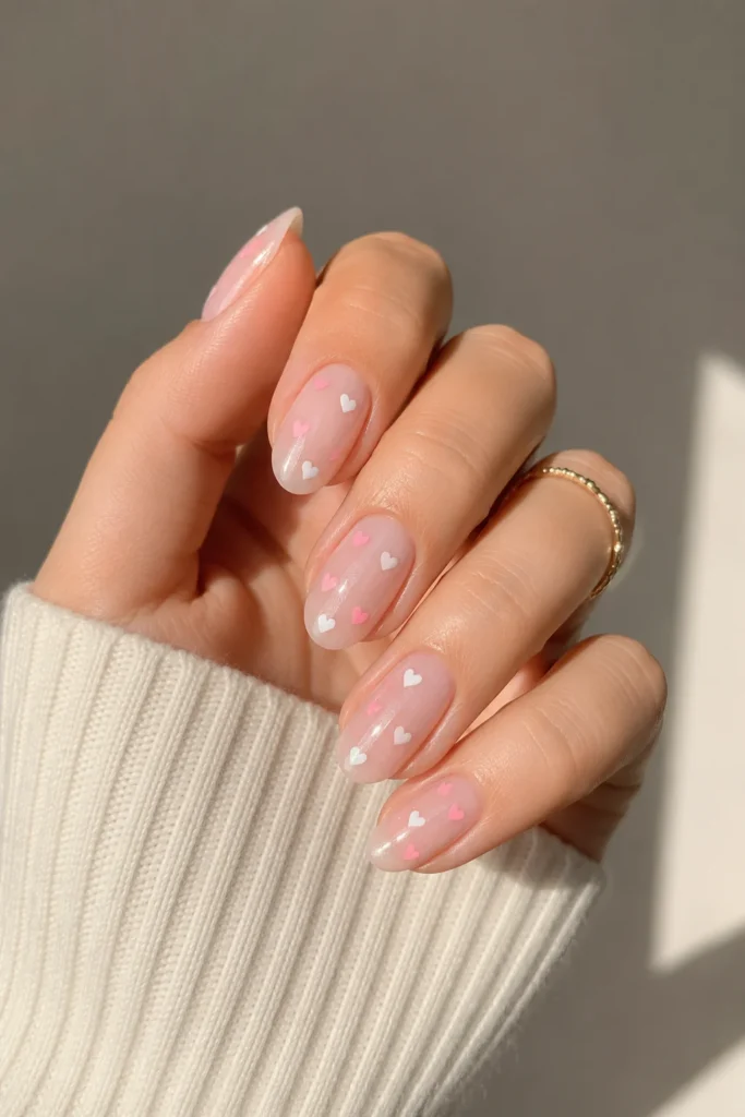 Tiny heart nail design pink white shower manicure sweet